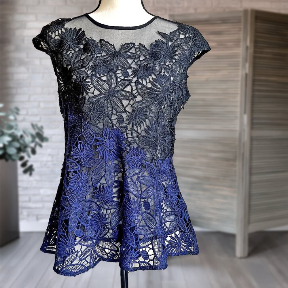 Anthropologie Deletta Garden Guise Lace Peplum Top S Black Blue Cocktail Blouse